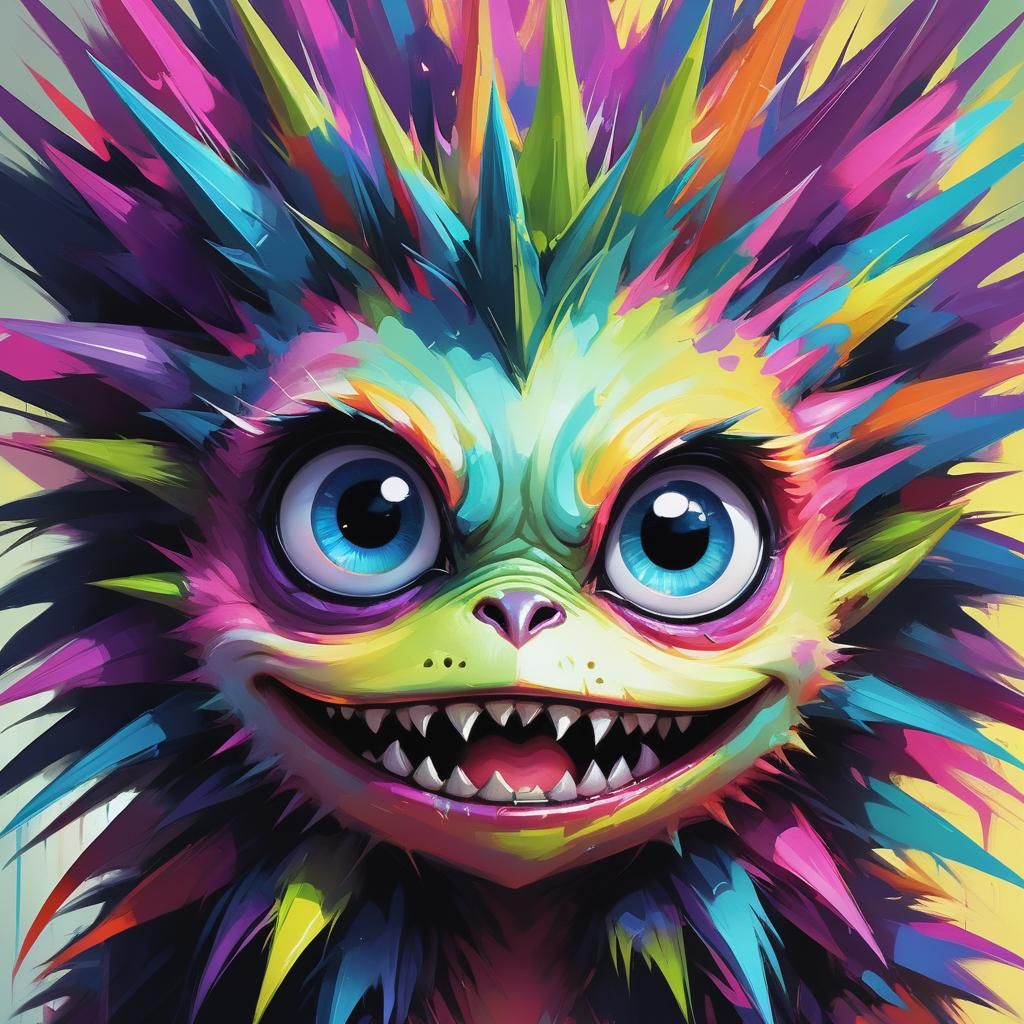 Cute little monster with spikes of hair around its large hea...