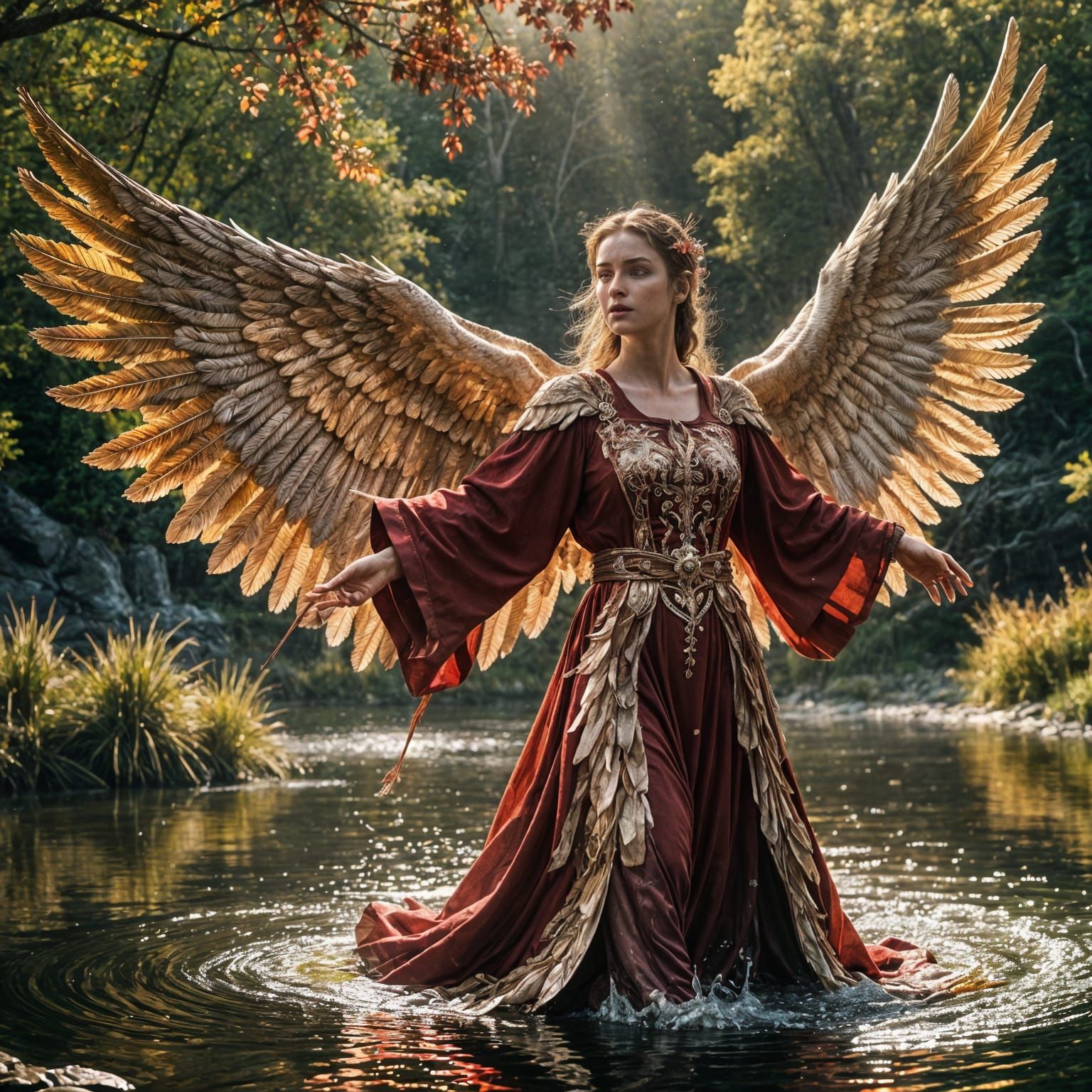 Angel with White Wings Rising from Red Lake