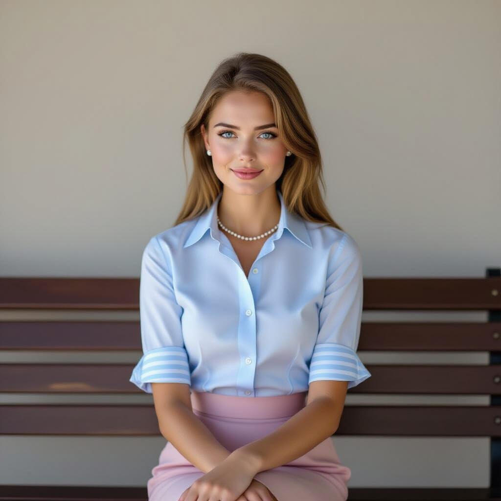 Shy French Woman on Bench: Photorealistic Portrait