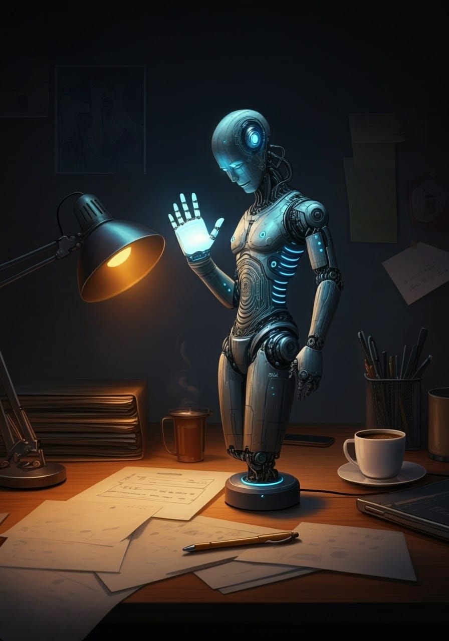 Futuristic Android Robot Lamp Illuminating Desktop