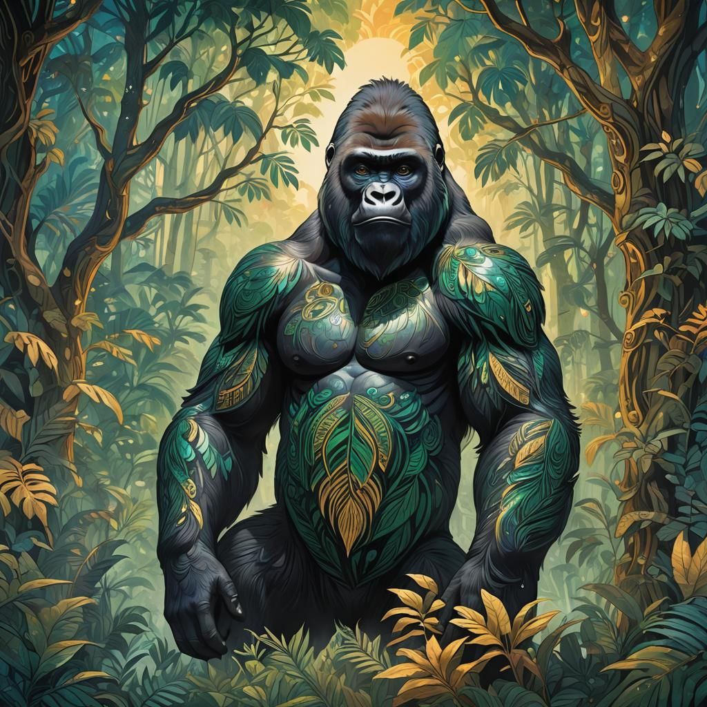 Mystical Gorilla Emblem in Ancient Forest