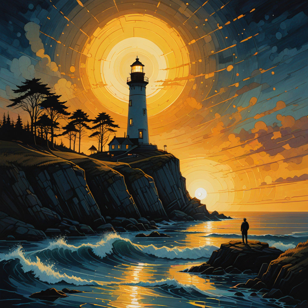 A lone figure stands at a lighthouse, watching a striking golden yellow sunrise against a deep blue sky....