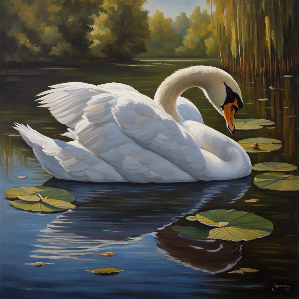 Elegant Swan Reflects on Serene Lake in Realistic Oil Painti...