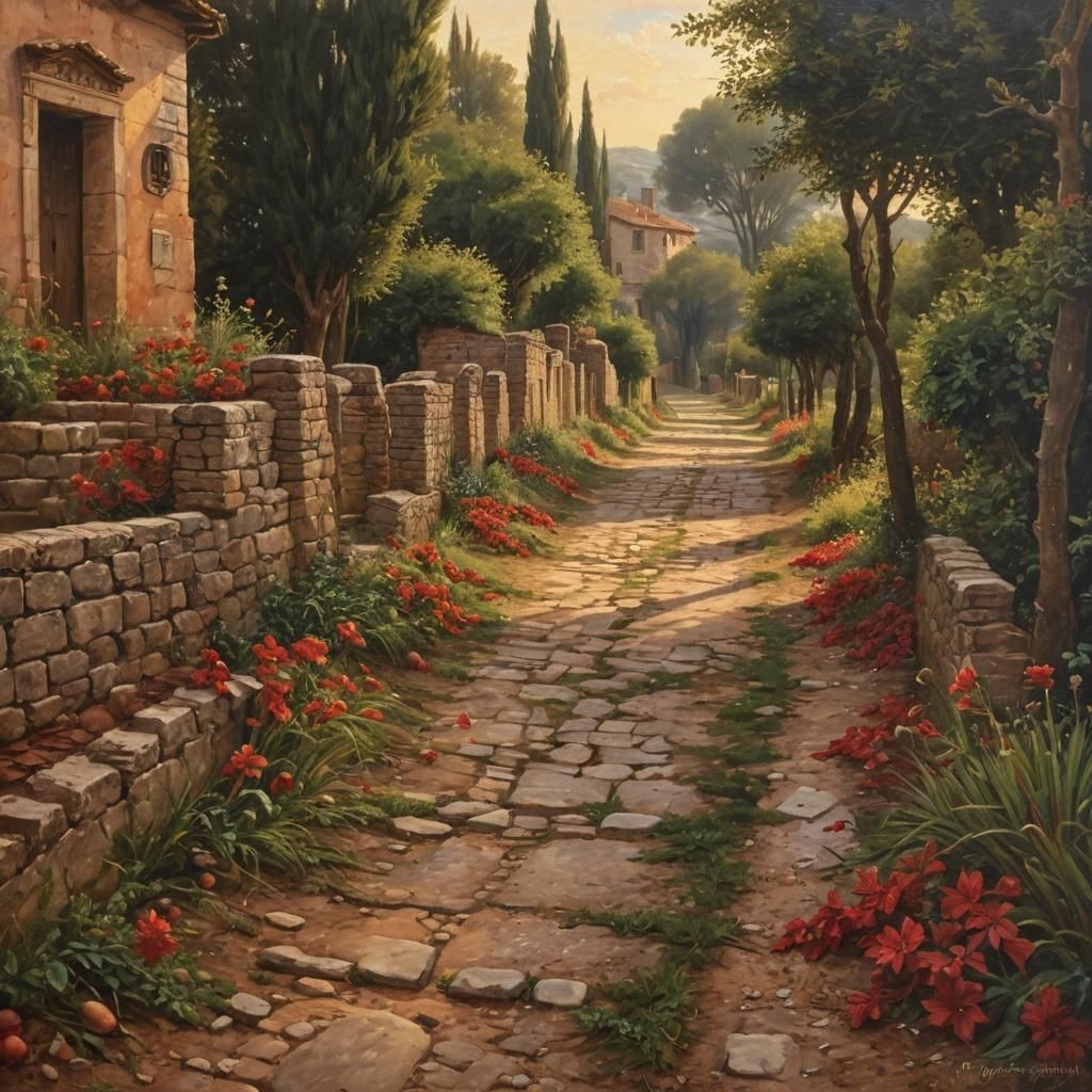 Roman Road Scene in Oil Painting Style