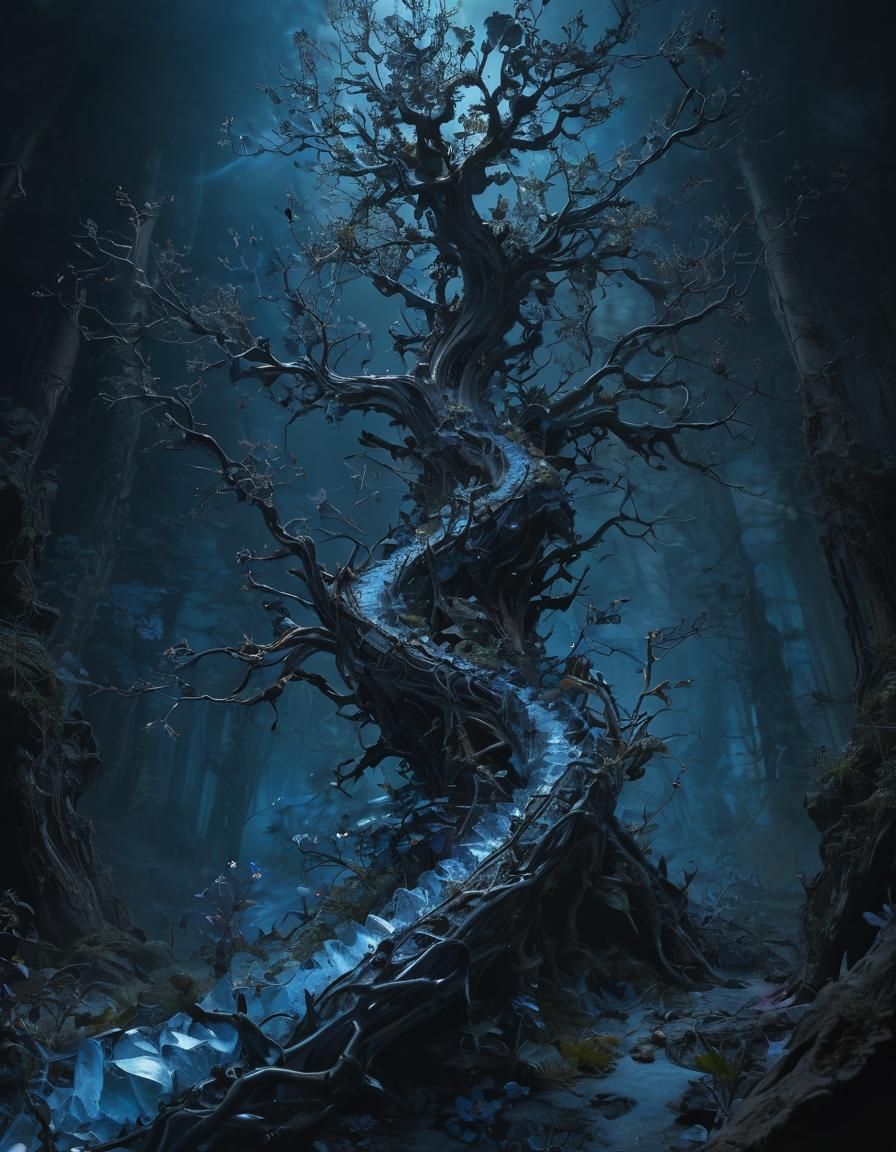 Spinal Tree in Blue Midnight Forest, Hyperdetailed Horror Ar...