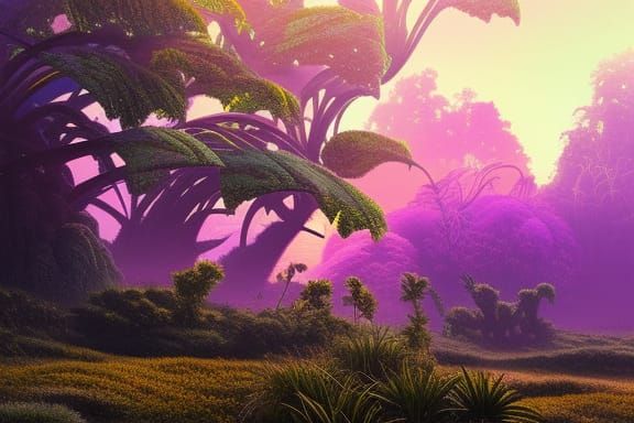 Neon Alien Plants in Surreal Sunset Landscape