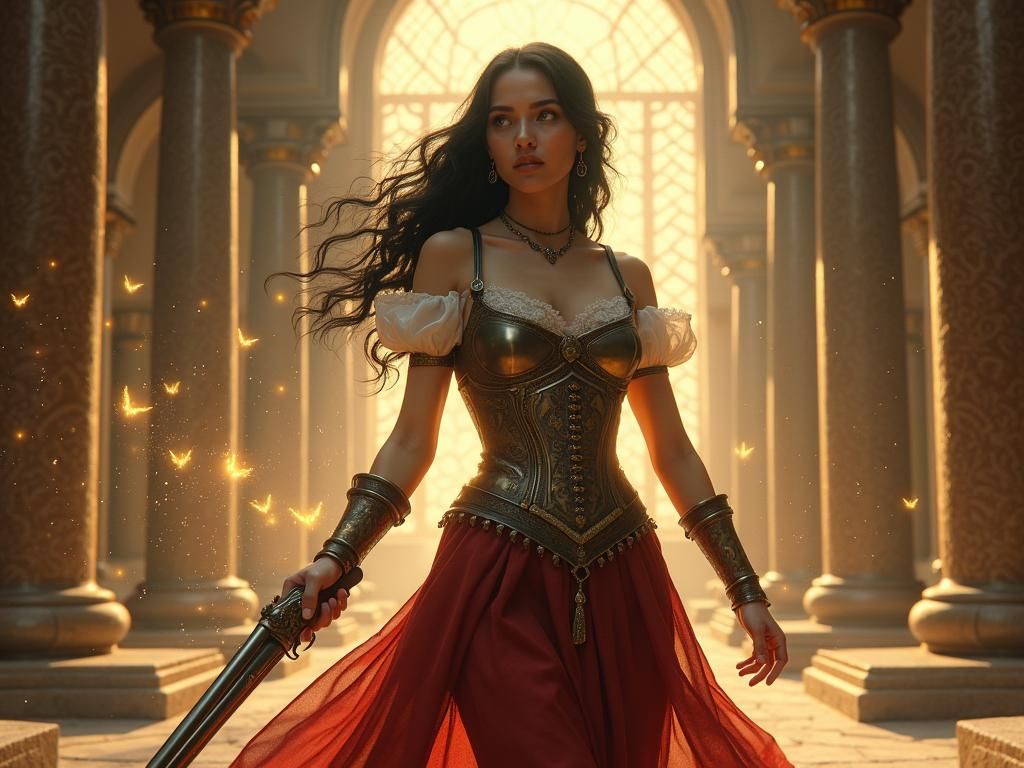 Woman with Flintlock Pistol Surrounded by Magical Pixies