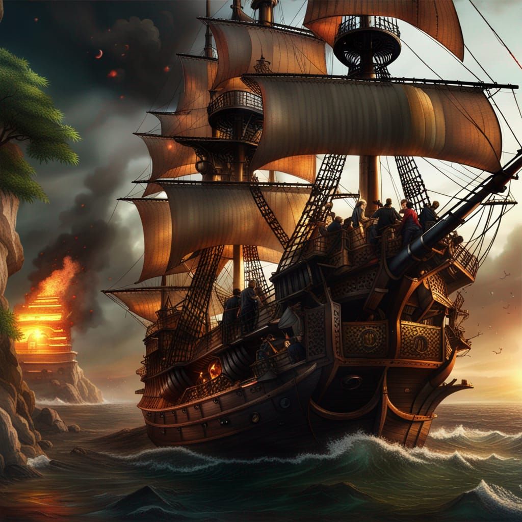 Pirate Ship Battle in Hyperdetailed Digital Art
