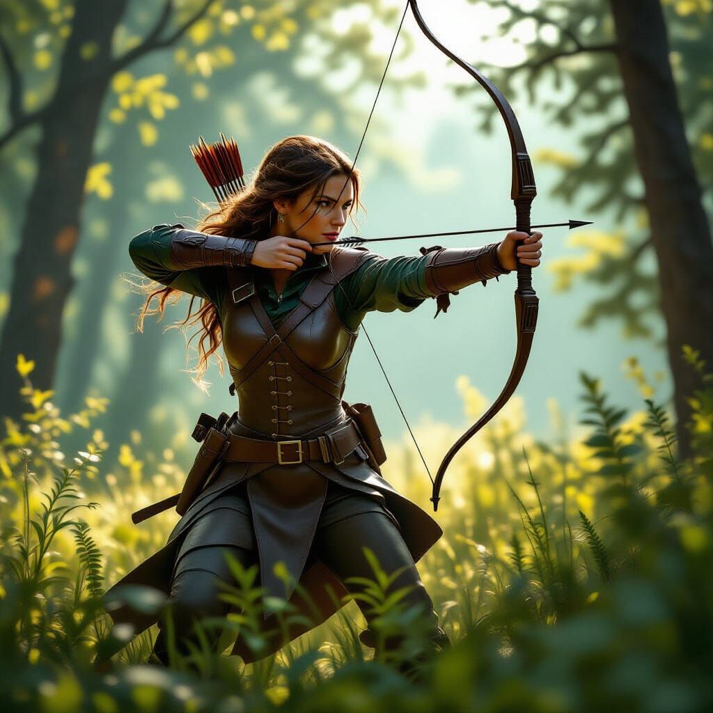 Hunter Woman Tracking Game in Sun-Dappled Forest