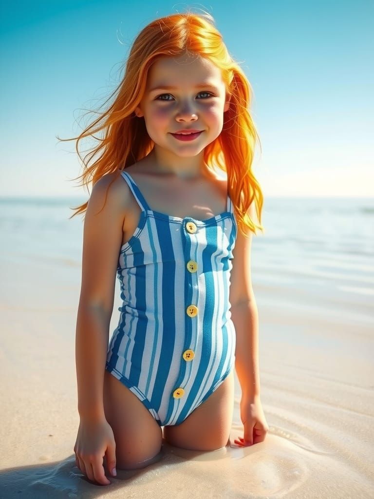 Schoolgirl with Red Hair on Sunny Beach
