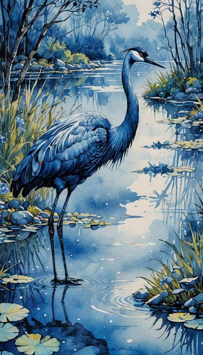 Blue World: Crane and Turtle in Surreal Watercolor