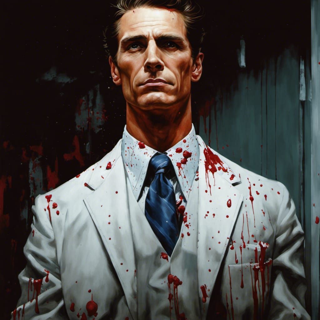 Blood Splattered Patrick Bateman Portrait in Rockwell Style