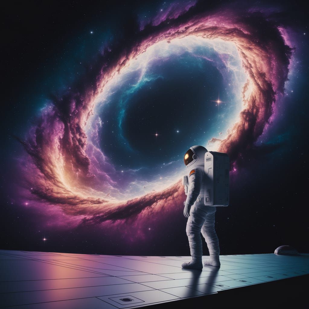 Astronaut Gazing at Nebula in Silver Spacecraft