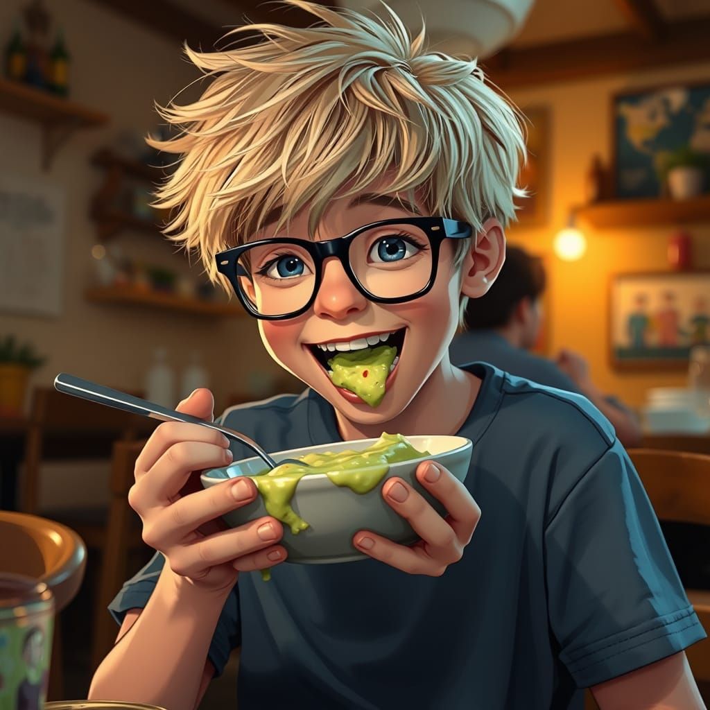 Boy Enjoys Guacamole in Painterly Style