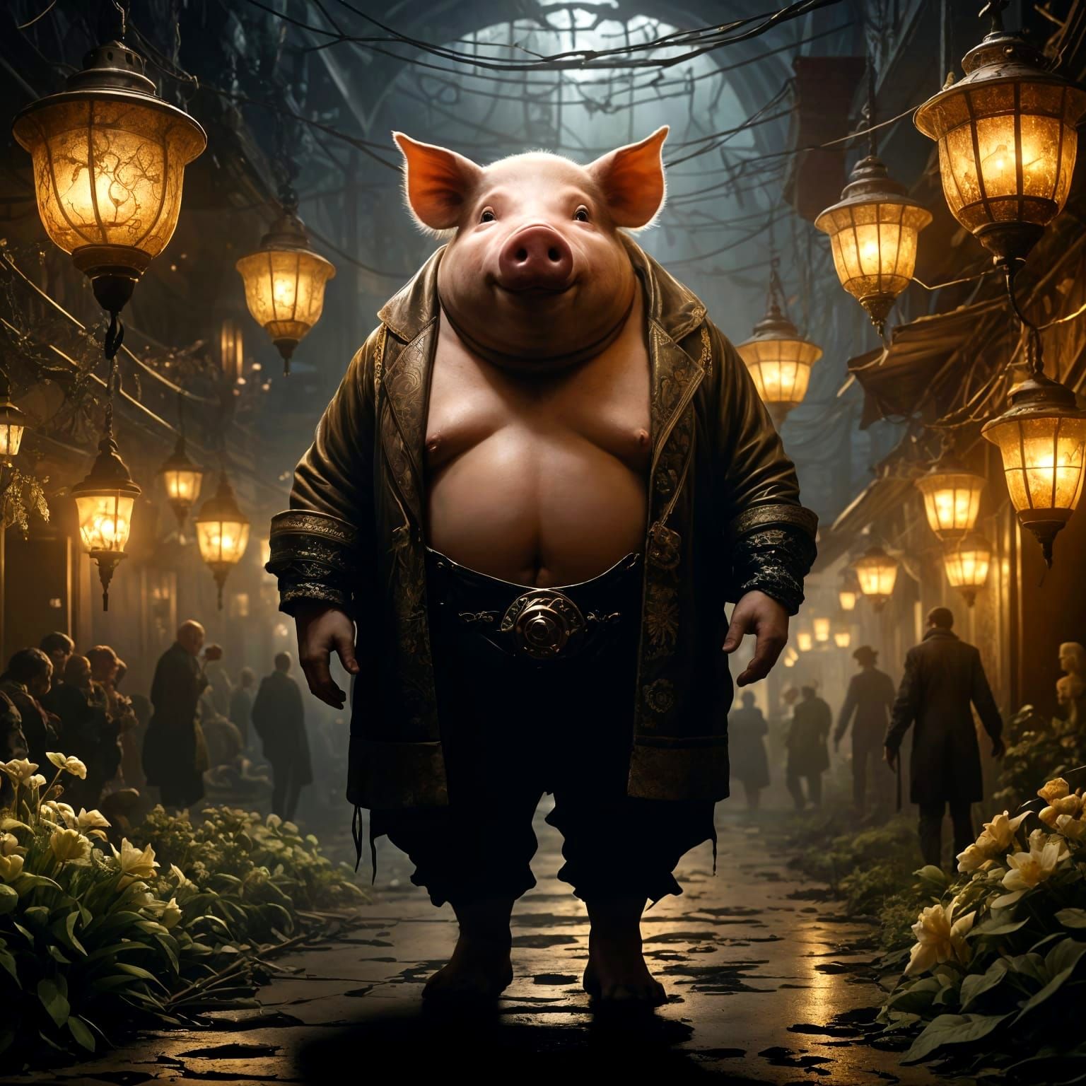 Steampunk Pig-Man Searches Alien Market by Lantern