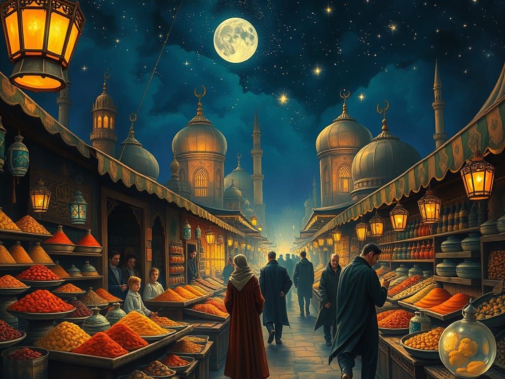 Bustling Night Market in One Thousand and One Nights