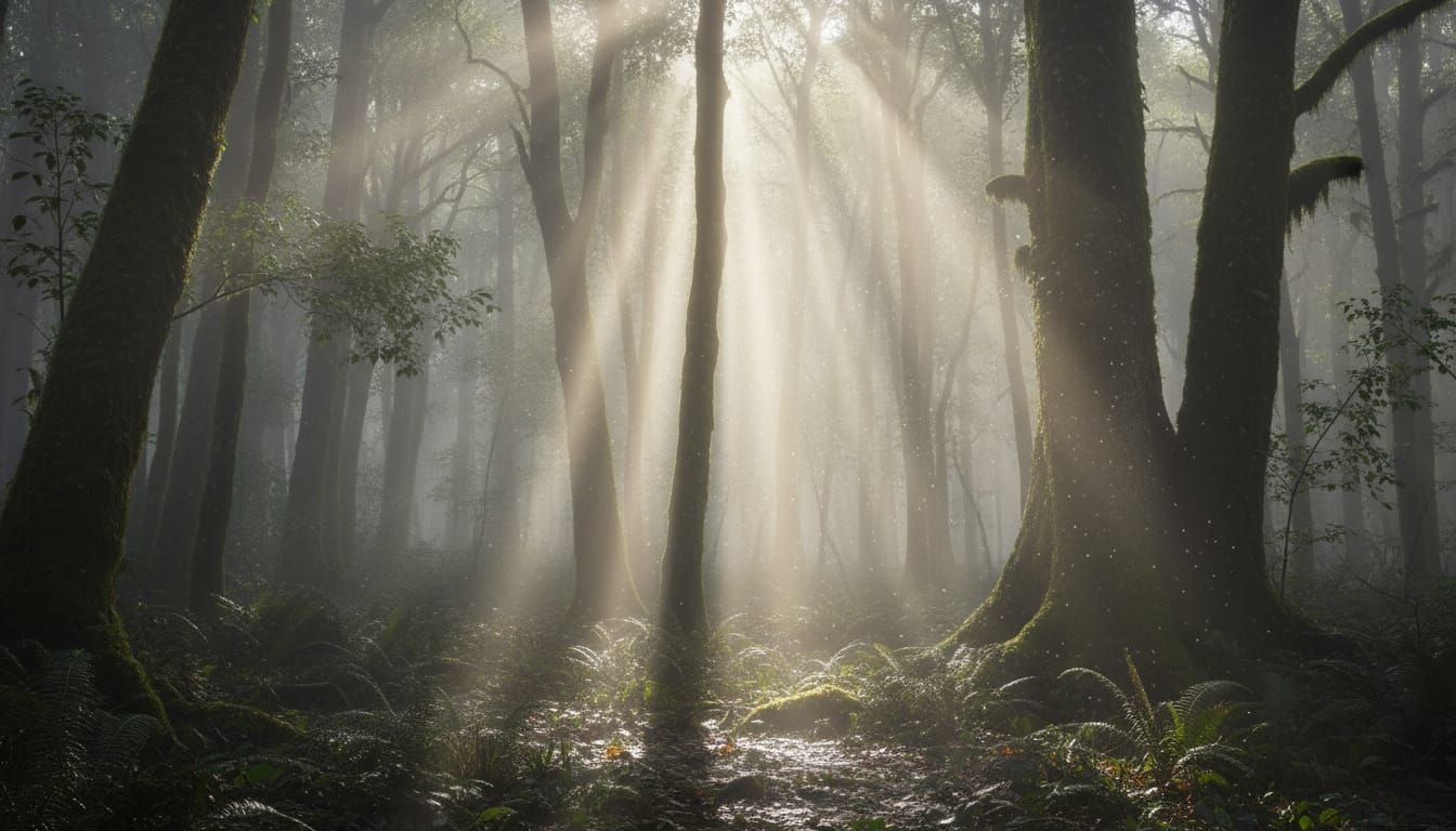 Misty Forest with Golden Light Beams