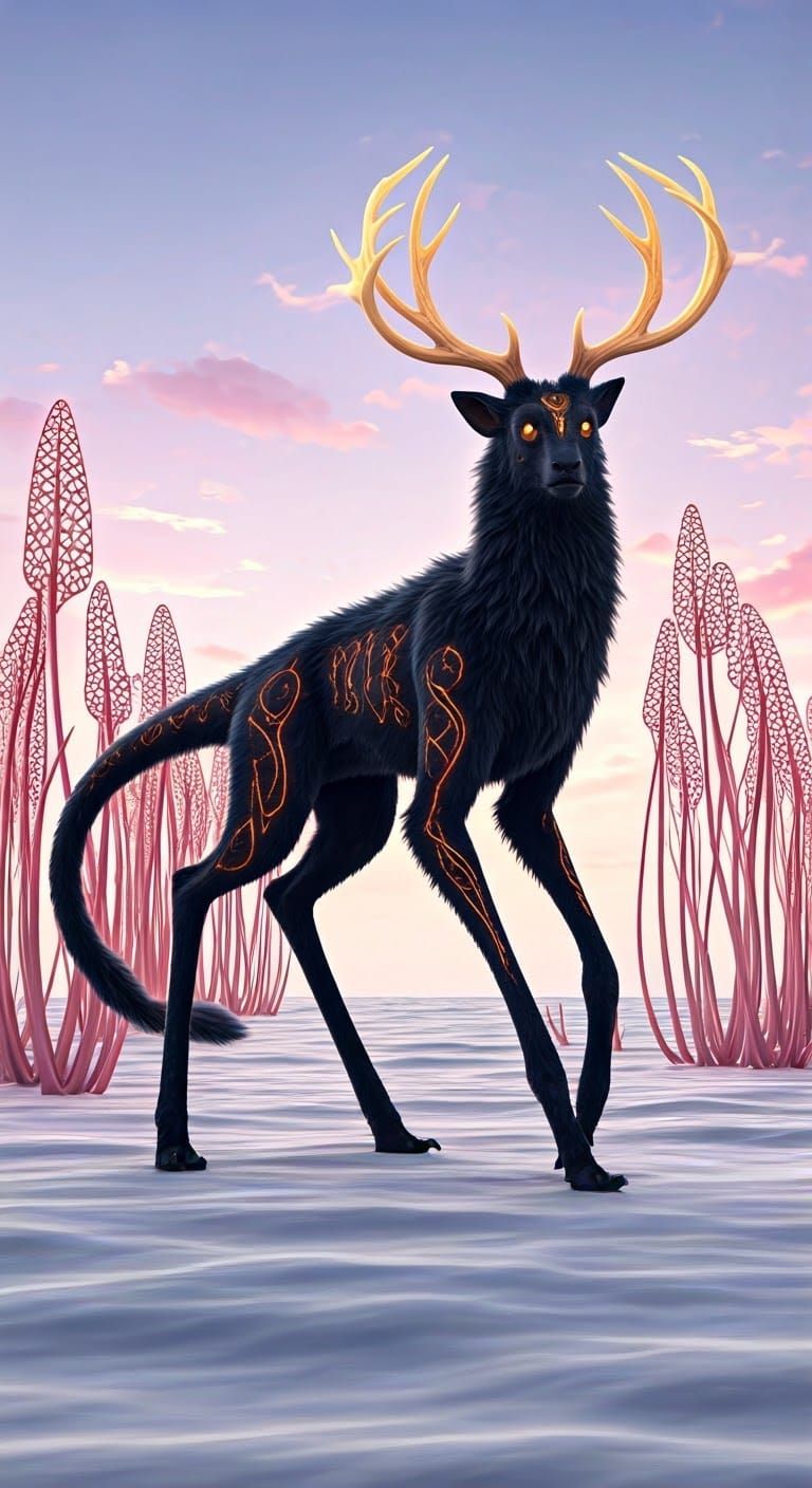 Slender Alien with Velvety Black Fur and Majestic Antlers