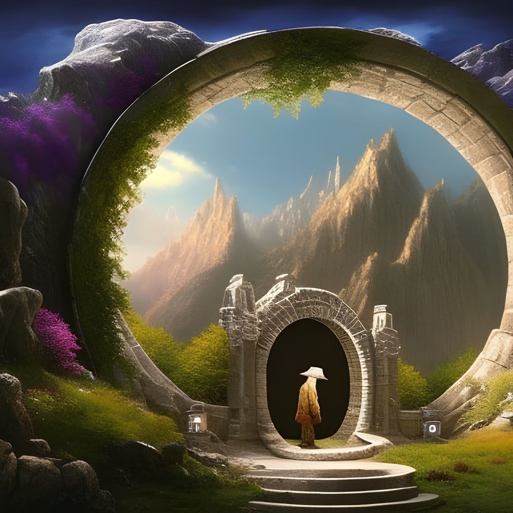 Fantasy Mountain View Through an Engraved Portal