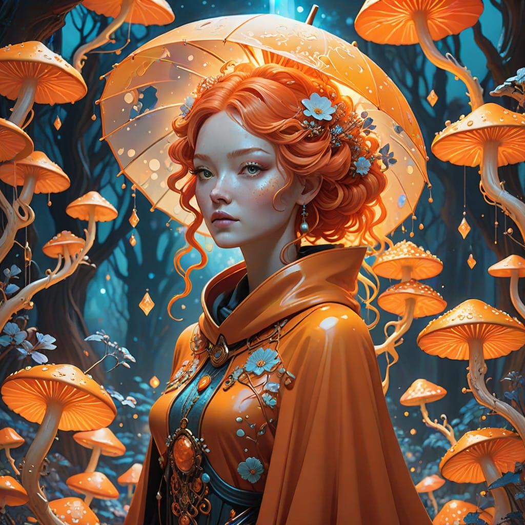 Whimsical Woman in Vibrant Orange Dreamscape with Delicate F...