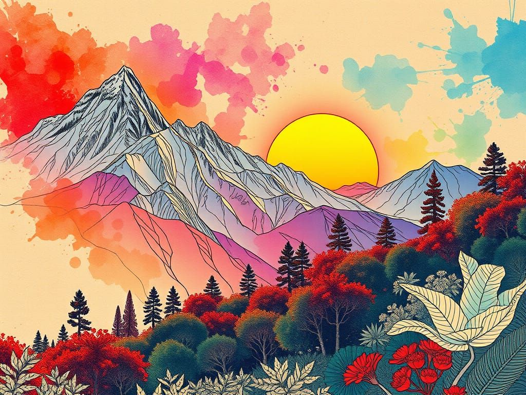 Epic Mountain Sunset in Futuristic Botanical Style