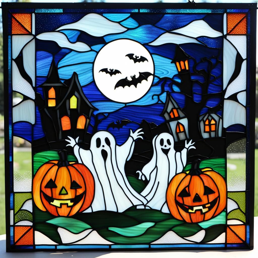 Stained Glass Halloween Scene with Pumpkins