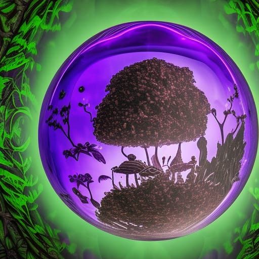 Enchanted Forest in Glass Orb with Bioluminescent Flora