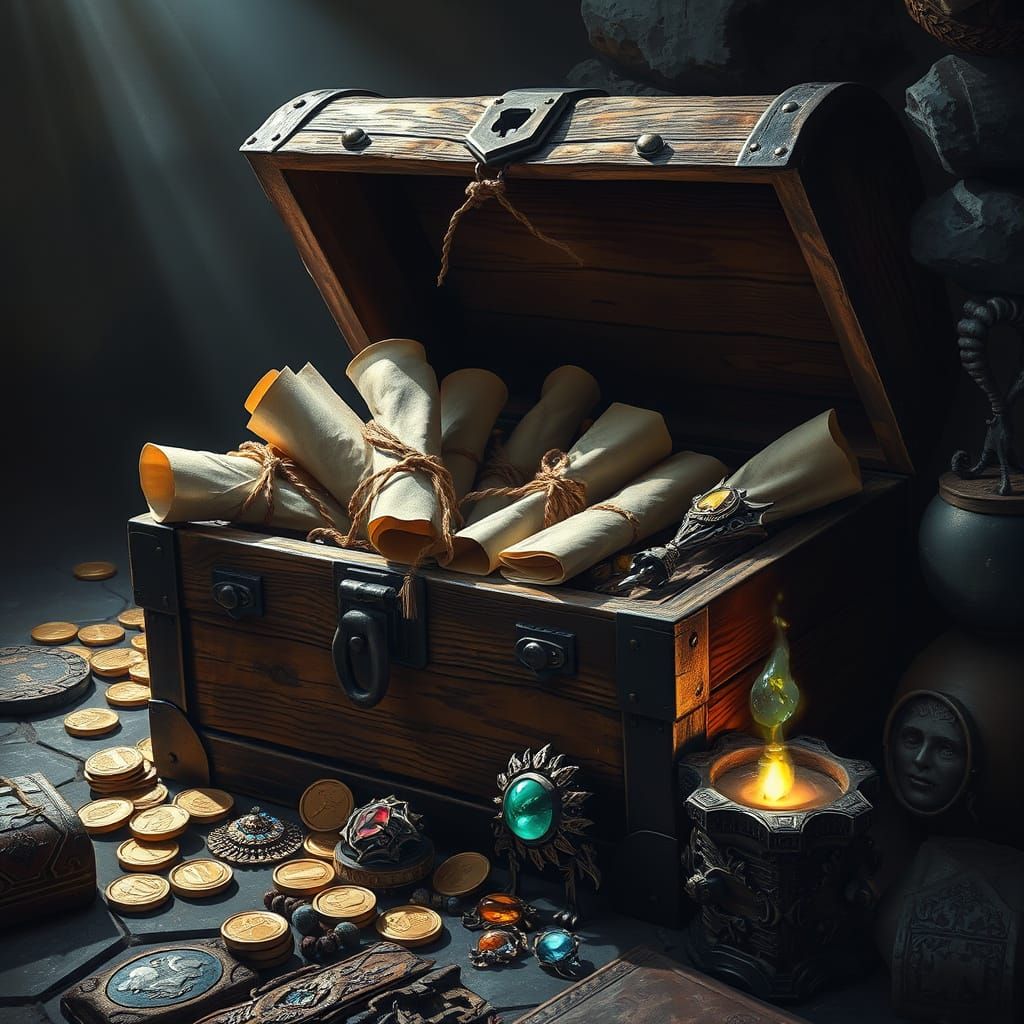 Treasure Chest Overflowing with Gold, Jewels, and Alien Arti...