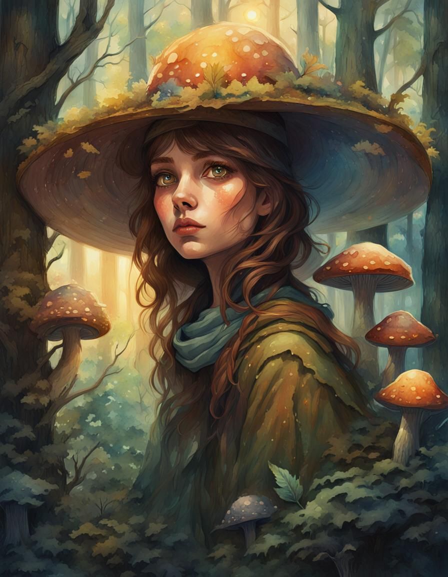 Enchanting Woman in Mystical Forest: Watercolor Style