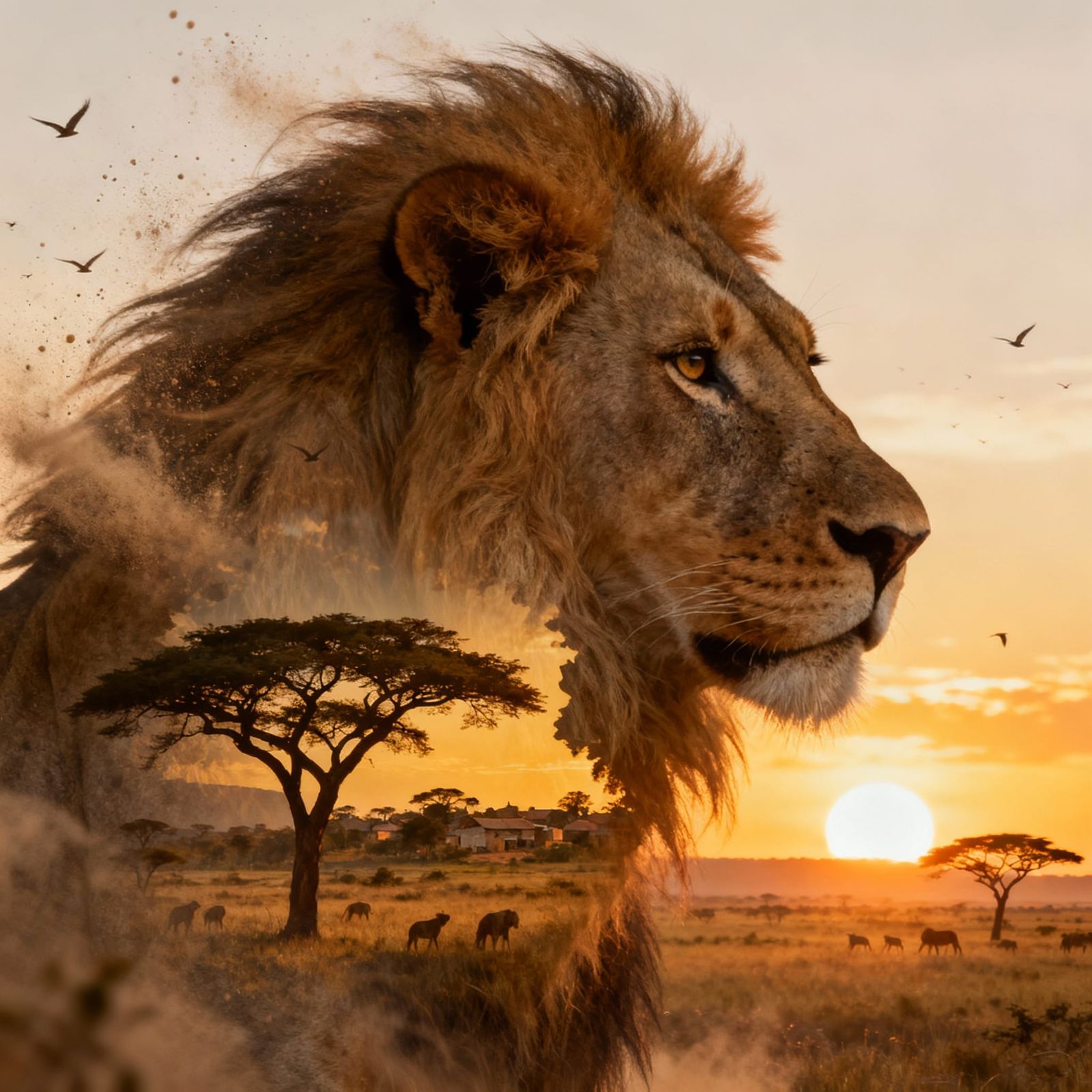 Lion Profile Double Exposure Digital Art with African Savann...