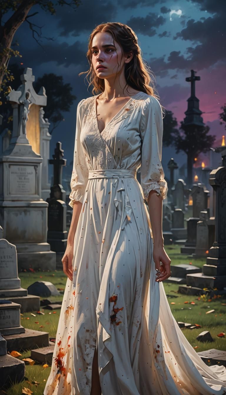 Woman Crying in Graveyard at Night: Hyperrealistic Splash Ar...