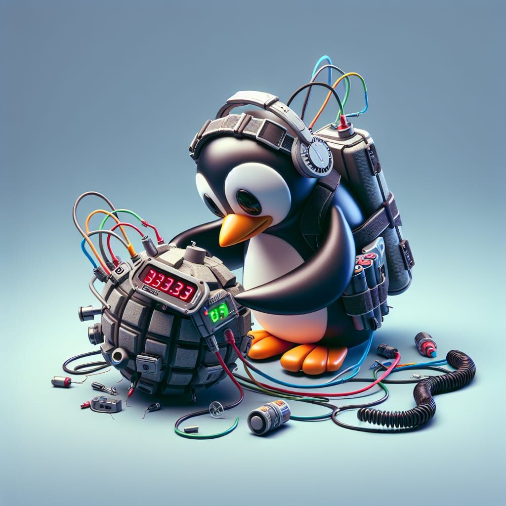Futuristic Cartoon Penguin Defusing Bomb