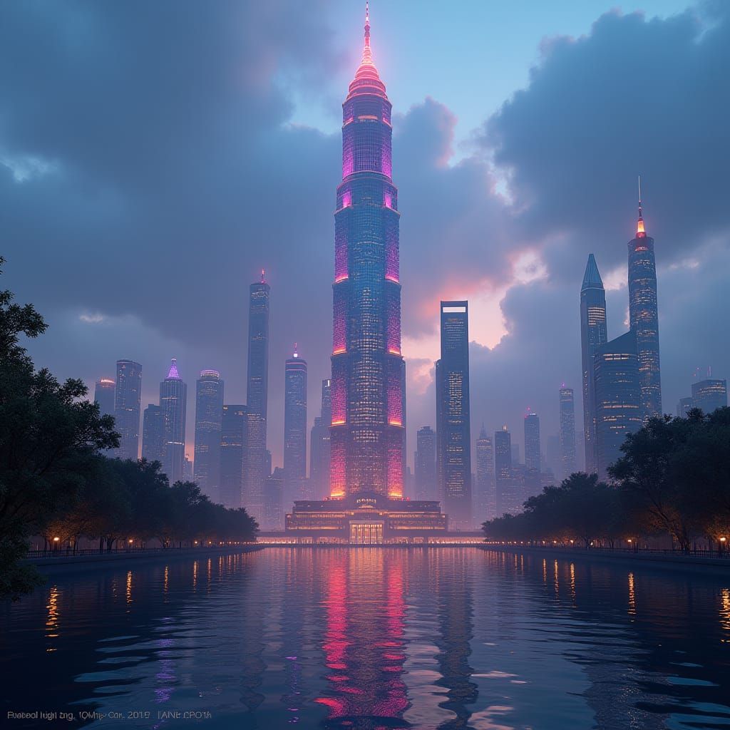 Dusk Cityscape with Illuminated Skyscraper in Digital Art