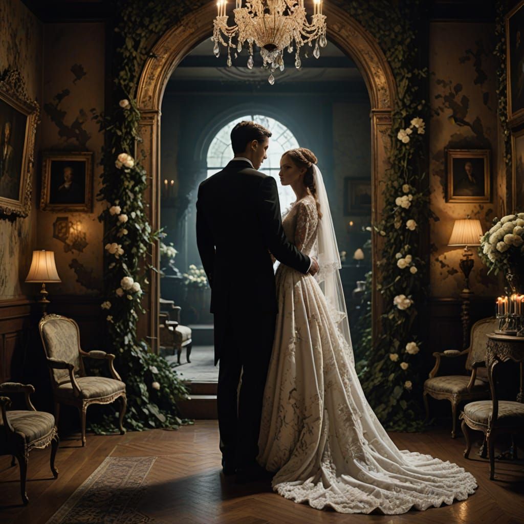 Sorrowful Wedding Couple Confronts Modern Warfare