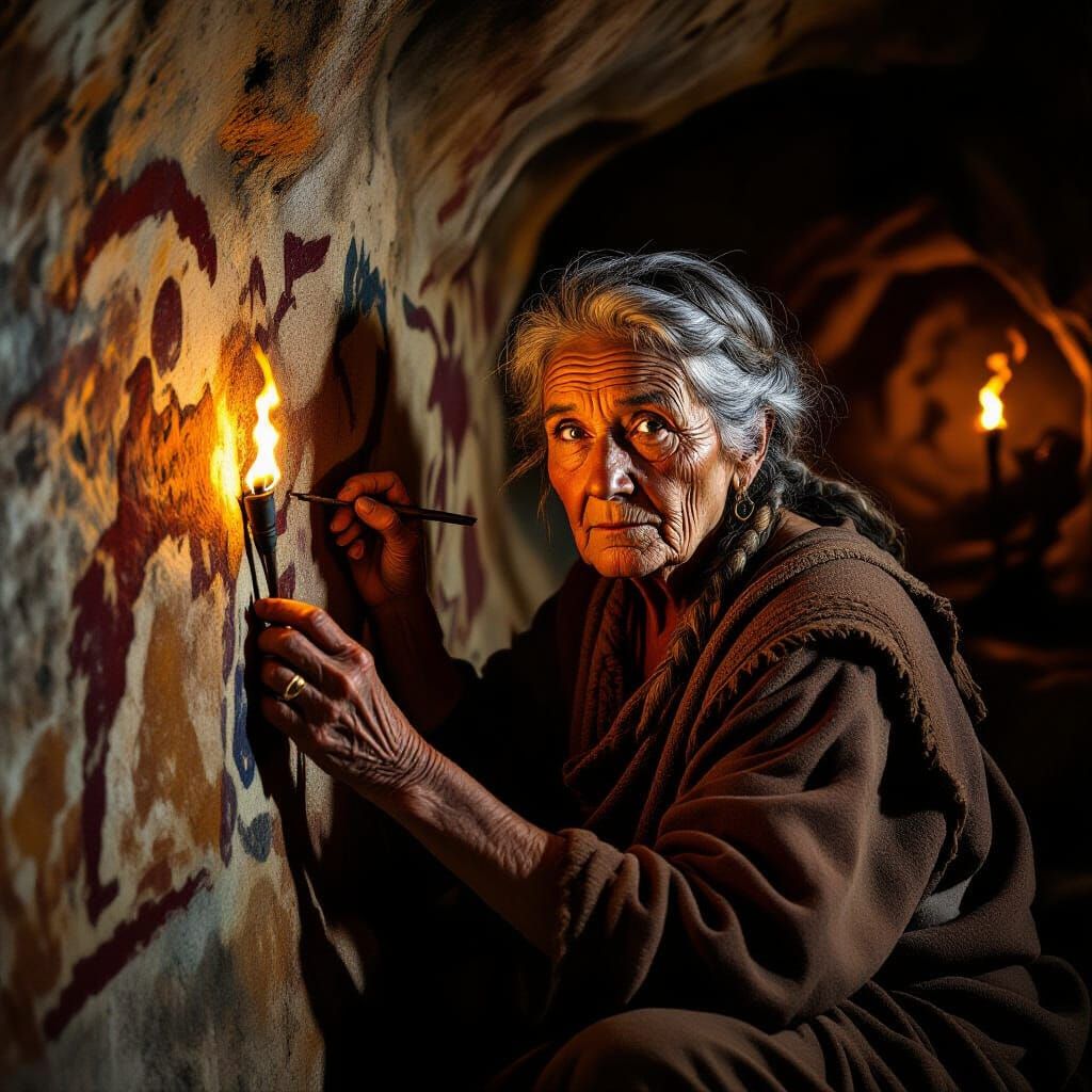 Prehistoric Woman Paints Cave Walls in Torchlight