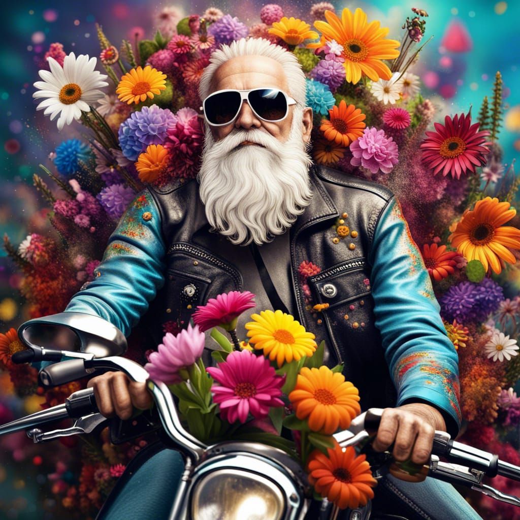 Biker Portrait with Floral Beard in Hyperreal Style