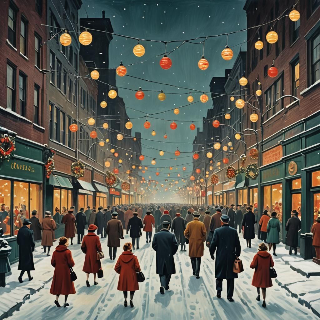 1950s Christmas Street Scene in Abstract Art