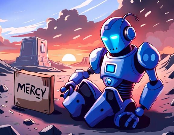 Sad Robot on Battlefield in Anime Style