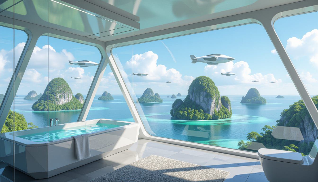 Futuristic Polygonal Bathroom with Panoramic Island Views