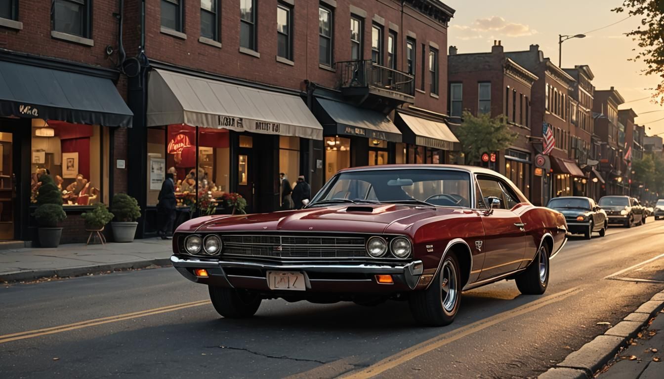 Classic Red Muscle Car in Impressionist Dusk