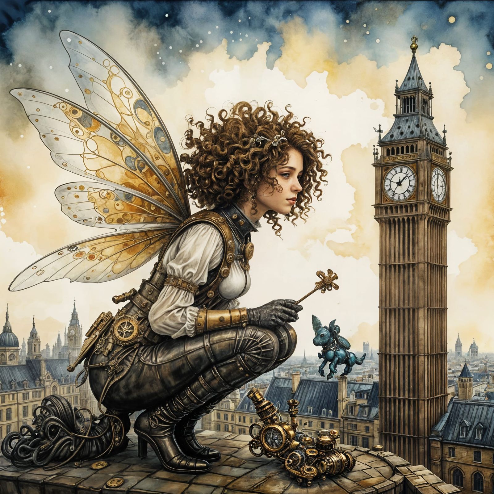 Steampunk Fairy Searches Clocktower, Klimt-Inspired Watercol...