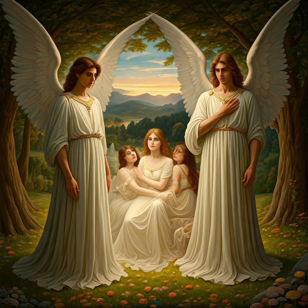 Majestic Angels Among Human Beauties in a Dreamy Landscape