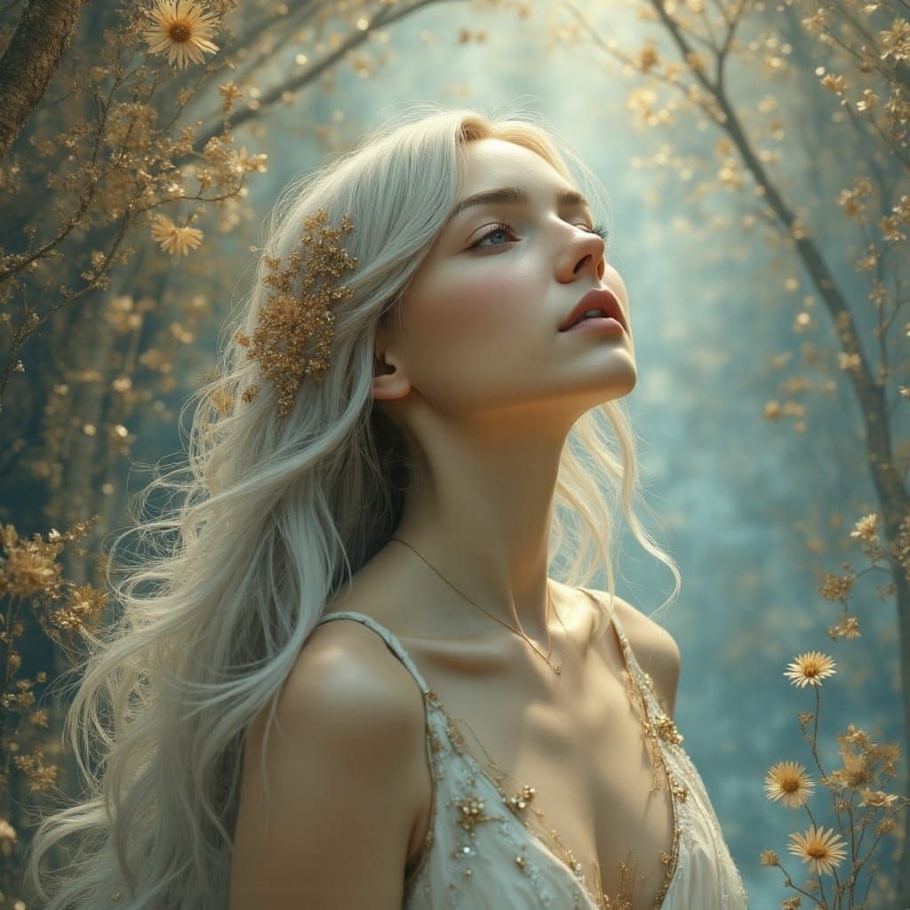 Ethereal Woman with Silver Hair in Surreal Style