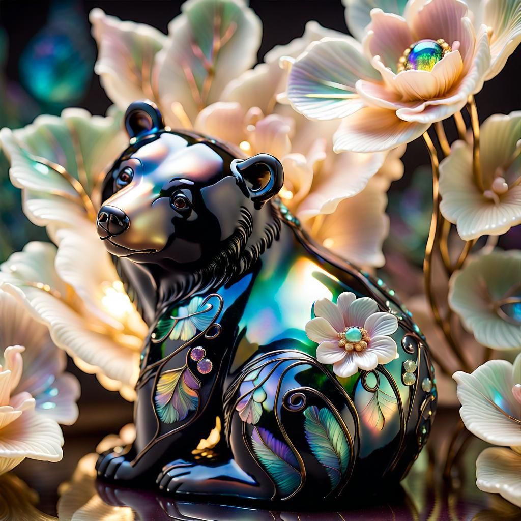 Iridescent Glass Black Bear Figurine Inspired by Tiffany
