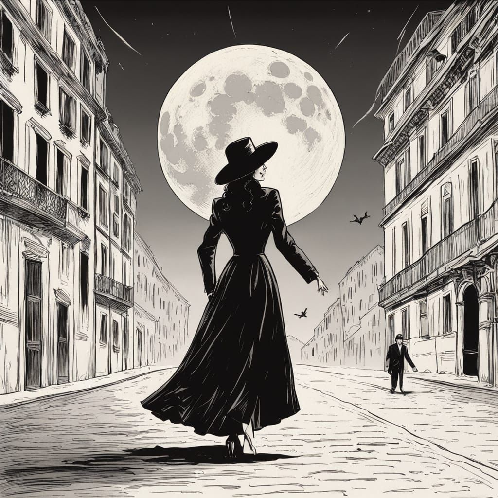 Film Noir Woman in Red Dress Under Moonlight