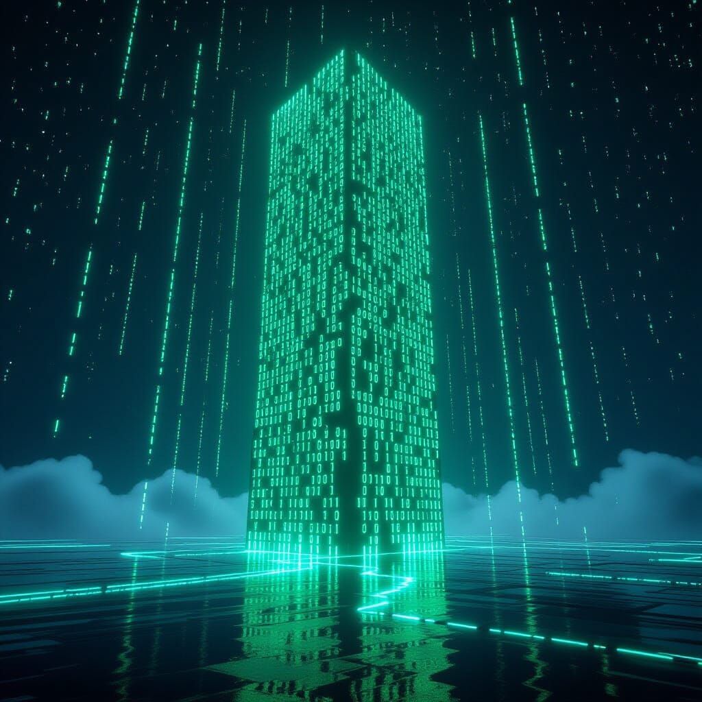 Futuristic Binary Code Skyscraper in Digital Void