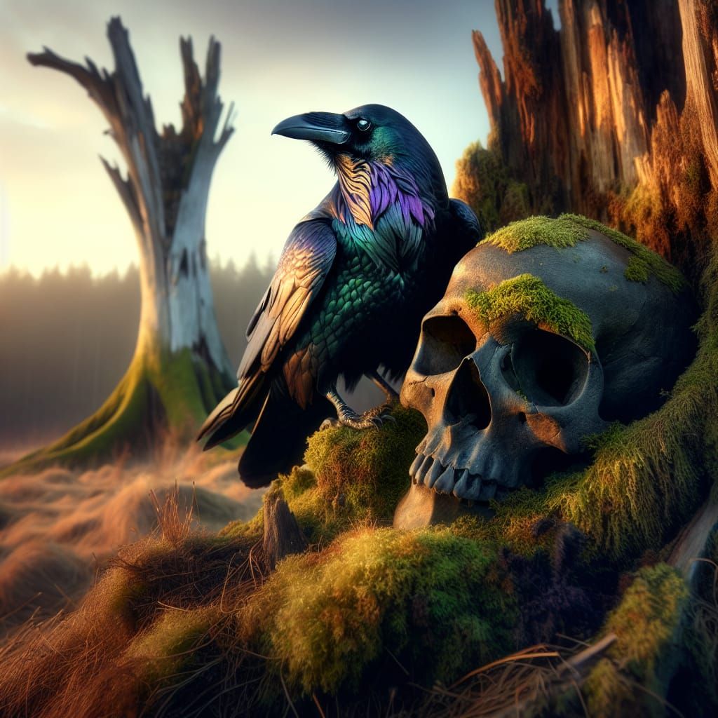 Raven on Skull in Golden Hour Light