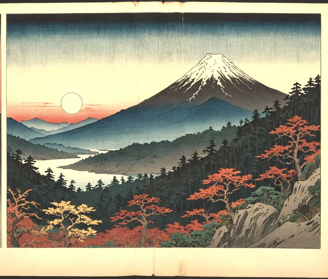 Serene Mountain Sunset in Ukiyo-e Style