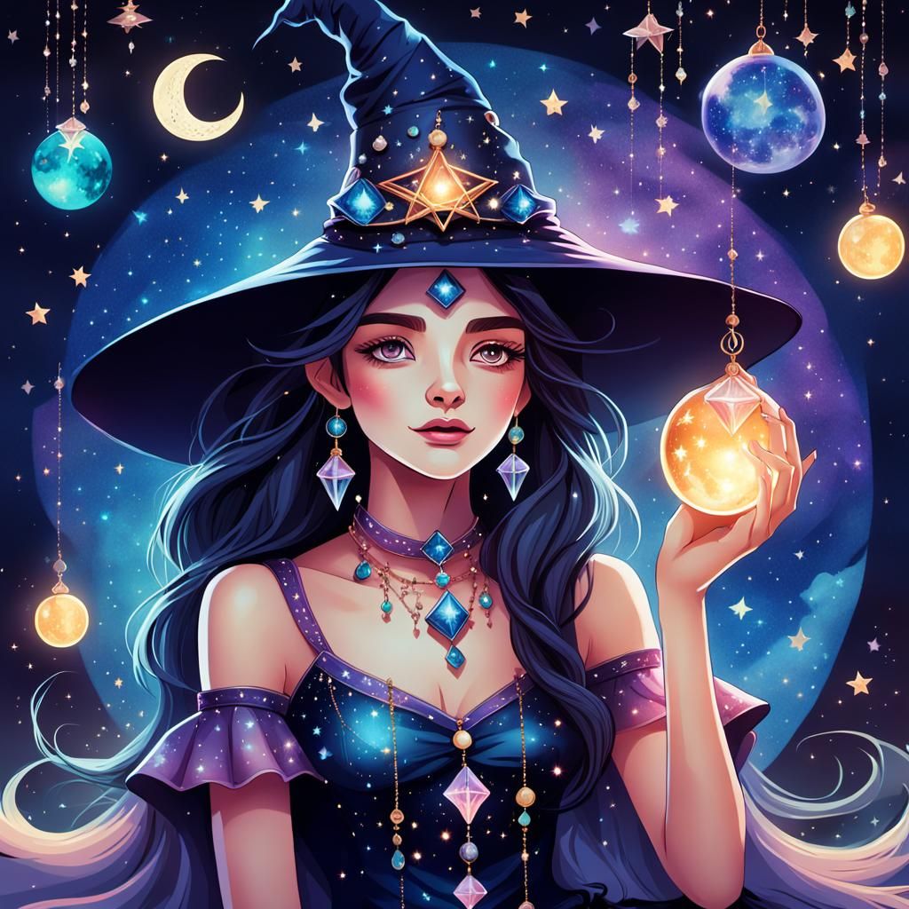 Cute Witch Gazing at Starry Night Sky