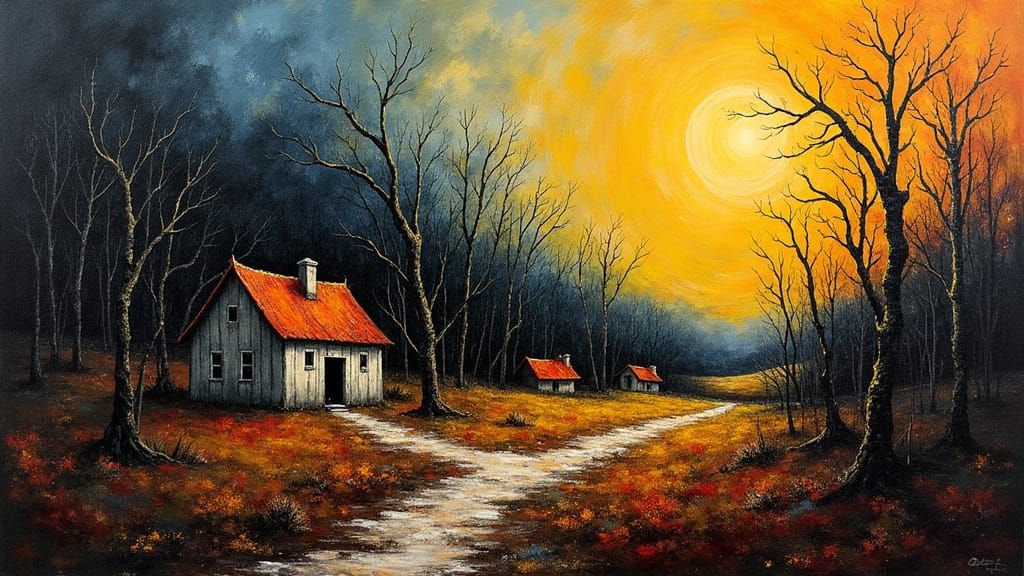 Dynamic Village Landscape in Bold, Expressive Brushstrokes